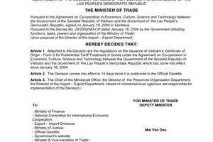 Decision No.0865/2004/QD-BTM of Jun 29, 2004 the issuance of Vietnams certificate of origin - form s for preferential tariff treatment of goods in accordance with the agreement on cooperation in economics, culture, science and technology Between The Government of The Socialist Republic of Vietnam and The Government of The Lao People's Democratic Republic