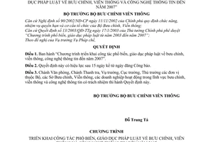 Quyết định 26/2004/QĐ-BBCVT triển khai công tác phổ biến, giáo dục pháp luật bưu chính, viễn thông và công nghệ thông tin đến 2007