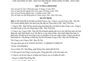 Quyết định 117/2004/QĐ-TTg thí điểm tổ chức, hoạt động mô hình Công ty mẹ con Công ty Dệt - May Hà Nội