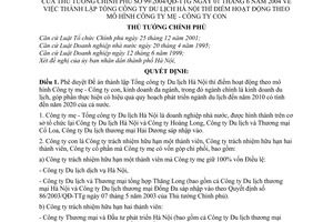 Quyết định 99/2004/QĐ-TTg thành lập Tổng công ty Du lịch Hà Nội mô hình Công ty mẹ-con