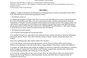 Decision No. 100/2004/QD-TTg of June 2, 2004 approving the scheme on establishment and strengthening of Vietnam's foreign-based trade offices in the 2004-2005 period
