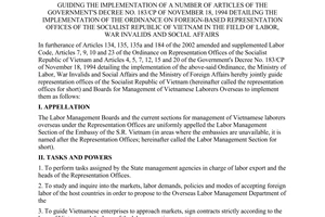 Joint circular No. 07/2004/TTLT-BLDTBXH-BNG of June 03, 2004 guiding the implementation of a number of articles of The Government's Decree No. 183/CP of November 18, 1994 detailing the implementation of the ordinance on foreign-based representation offices of the socialist republic of Vietnam in the field of labor, war invalids and social affairs