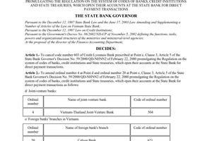 Decision No. 682/2004/QD-NHNN of June 4, 2004 canceling bank codes and amending payment transaction names of joint-venture banks and foreign banks' branches prescribed at points d and e, Clause 3, Article 5 of The State Bank Governor's Decision No. 59/2000/QD-NHNN2 of February 22, 2000 promulgating the regulation on the system of codes of banks, credit institutions and state treasuries, which open their accounts at the state bank for direct payment transactions