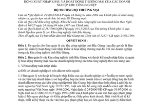 Quyết định 702/2004/QĐ-BTM ủy quyền BQL Khu công nghiệp Bắc Giang quản lý hoạt động XNK thương mại doanh nghiệp