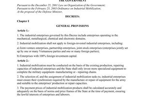 Decree of Government No. 132/2004/ND-CP of June 4, 2004 detailing the ordinance on industrial mobilization