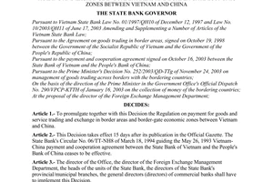 Decision No. 689/2004/QD-NHNN of June 7, 2004 promulgating the regulation on payment for goods and service trading and exchange in border areas and border-gate economic zones between Vietnam and China