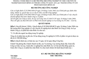 Quyết định 43/2004/QĐ-BCN chuyển Xí nghiệp Keo dán Bình An thuộc Công ty Giầy An Lạc thành Công ty cổ phần sửa đổi  20/2004/QĐ-BCN