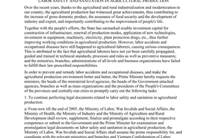 Directive No.20/2004/CT-TTg of June 08, 2004 on enhancing the direction and organization of observance of labor safety and sanitation in agricultural production