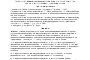 Decision No. 105/2004/QD-TTg of June 8, 2004 adjusting the purchase prices of cars in service of working requirements of administrative and non-business agencies and state enterprises, promulgated together with The Prime Minister's Decision No. 122/1999/QD-TTg of May 10, 1999