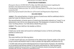 Decision No. 16/2004/QD-BTS of June 10, 2004, regarding the establishment of National Hatchery of Marine Species of Central Areas
