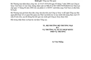 Công văn  3650 TM/XNK C/O hàng nhập khẩu