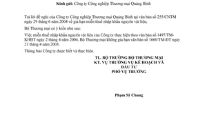 Công văn 3265/TM-KHĐT  miễn thuế nhập khẩu nguyên liệu sản xuất cho NM nhôm thanh định hình Đồng Hới