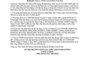 Công văn  752/TĐC-THPC nhập khẩu linh kiện động cơ