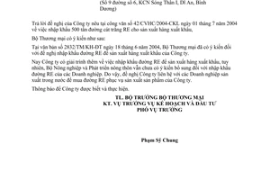 Công văn 3337/TM/KH-ĐT  nhập khẩu đường RE