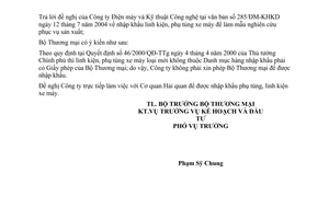 Công văn  3352/TM-KHĐT  nhập khẩu phụ tùng xe máylàm mẫu