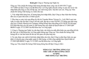 Công văn  835/TĐC-THPC  nhập khẩu phụ tùng xe máy