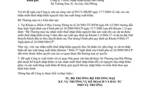 Công văn 3642/TM-KH-ĐT  miễn thuế nhập khẩu nguyên liệu sản xuất hàng xuất khẩu