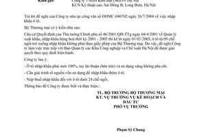 Công văn 3640/TM/KH-ĐT  nhập khẩu ô tô dưới 24 chỗ ngồi mới 100%