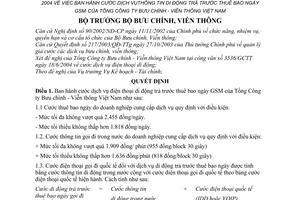 Quyết định 30/2004/QĐ-BBCVT cước dịch vụ điện thoại di động trả trước thuê bao ngày GSM Tổng Công ty Bưu chính - Viễn thông Việt Nam