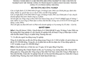 Quyết định 58/2004/QĐ-BCN chuyển Xí nghiệp Giấy đế thuộc Công ty Phân đạm Hoá chất Hà Bắc thành Công ty cổ phần Sông Thương sửa đổi 41/2004/QĐ-BCN