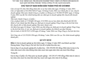 Quyết định 3510/QĐ-UB xác định giá trị doanh nghiệp thực hiện cổ phần hóa Khách sạn Quê Hương Tổng Công ty Du lịch Sài Gòn