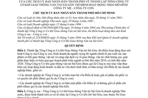 Quyết định 172/2004/QĐ-UB thành lập Tổng Công ty Cơ khí Giao thông Vận tải Sài Gòn thí điểm hoạt động mô hình Công ty mẹ con