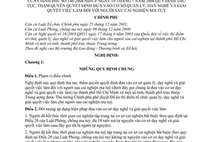 Nghị định 146/2004/NĐ-CP thủ tục, thẩm quyền quyết định đưa vào cơ sở quản lý, dạy nghề và giải quyết việc làm đối với người sau cai nghiện ma túy