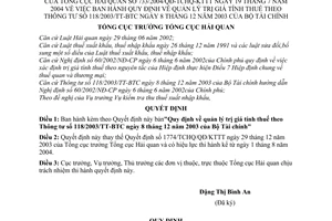 Quyết đinh 733/2004/QĐ-TCHQ-KTTT quản lý trị giá tính thuế hướng dẫn Thông tư 118/2003/TT-BTC