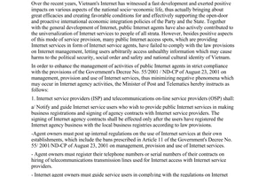 Directive No. 07/2004/CT-BBCVT, on enhancing the management of public internet agents, promulgated by the  Ministry of Post and Telecommunications