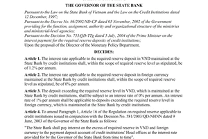 Decision No. 923/QD-NHNN of July 20, 2004, on the interest rates applicable to the required reserve deposits of credit institutions
