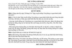 Quyết định 828/QĐ-TTg ngày truyền thống Văn phòng cơ quan hành chính Nhà nước