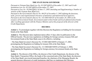 Decision No. 935/2004/QD-NHNN of July 23, 2004, promulgating the regulation on bidding for Government Bonds at the State Bank.
