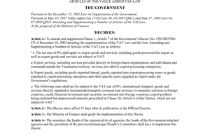 Decree of Government No.148/2004/ND-CP of July 23, 2004 amending and supplementing Clause 1, Article 7 of The Government’s Decree No. 158/2003/ND-CP of December 10, 2003 which details the implementation of The Value Added Tax Law and The Law amending and supplementing a number of articles of The Value Added Tax Law