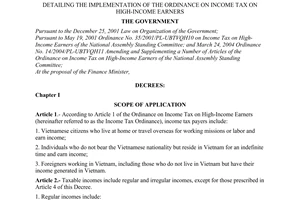 Decree of Government No.147/2004/ND-CP of July 23, 2004 detailing the implementation of the ordinance on income tax on high-income earners