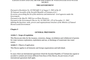 Decree of Government No. 149/2004/ND-CP of July 27, 2004 on the issuance of permits for water resource exploration, exploitation and use, or for discharge of wastewater into water source