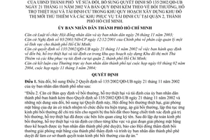 Quyết định 188/2004/QĐ-UB bồi thường, hỗ trợ thiệt hại tái định cư  khu quy hoạch xây dựng khu đô thị Thủ thiêm,quận 2 sửa đổi 135/2002/QĐ-UB