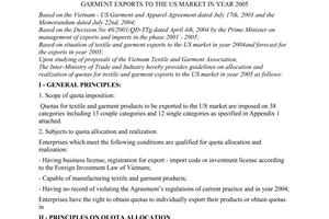 Joint circular No.04/2004/TTLT-BTM-BCN of July 28th, 2004 guidelines on allocation and realization of quotas for textile and garment exports to the us market in year 2005