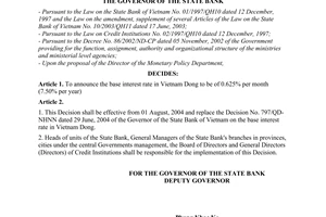 Decision No. 968/QD-NHNN of July 29, 2004, on the base interest rate in vietnam dong.