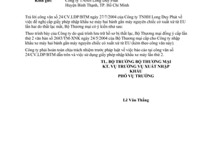 Công văn  4227/TM-XNK cấp giấy phép nhập khẩu lần hai