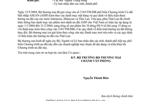 Công văn  3903/TM-VP  chương trình ưu đãi hội nhập ASEAN (AISP)