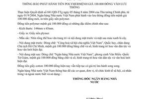 Công văn 909/NHNN-PHKQ  thông báo phát hành tiền polymer mệnh giá 100.000 đồng vào lưu thông
