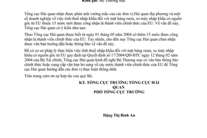 Công văn  3914/TCHQ-KTTT hướng dẫn bổ sung  nước thành viên chính thức của EU