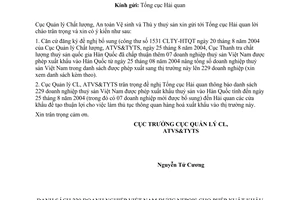 Công văn  1559 CLTY-HTQT  danh sách doanh nghiệp Việt Nam được phép xuất khẩu thuỷ sản sang Hàn Quốc đến ngày 25/08/2004