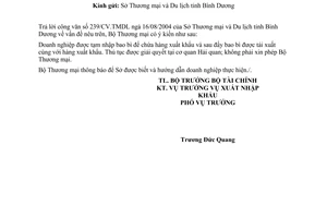 Công văn  4667 TM/XNK  uỷ quyền xét duyệt tạm nhập tái xuất thùng carton  chứa hàng gốm xuất khẩu