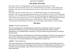Decision No. 140/2004/QD-TTg of August 5, 2004 defining the functions, tasks, powers and organizational structure of The General Department of Standardization, Metrology and Quality Control