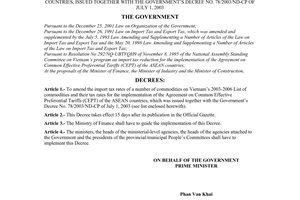 Decree of Government No. 151/2004/ND-CP of August 5, 2004 amending the import tax rates of a number of commodities on Vietnam’s 2003-2006 list of commodities and their tax rates for the implementation of the agreement on common effective preferential tariffs (CEPT) of the ASEAN countries, issued together with the government’s decree no. 78/2003/ND-CP of July 1, 2003