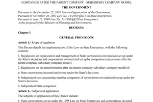 Decree of Government No.153/2004/ND-CP of August 9, 2004 on organization and management of state corporations and transformation of state corporations and independent state companies after The Parent Company - Subsidiary Company Model