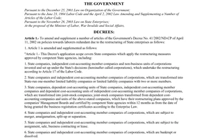 Decree No. 155/2004/ND-CP of August 10, 2004, amending and supplementing a number of articles of The Government’s Decree No. 41/2002/ND-CP of April 11, 2002 on policies towards laborers redundant due to the restructuring of state enterprises.