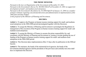Decision No.143/2004/QD-TTg of August 10, 2004 approving the program on human resource training support for small- and medium-sized enterprises in the 2004-2008 period
