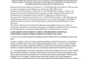 Circular No. 79/2004/TT-BTC of August 10, 2004 guiding The Prime Minister's Decision No. 78/2004/QD-TTg of May 7, 2004 adjusting and supplementing a number of mechanisms and policies to accelerate the progress of building of population clusters and lines and dwelling houses in frequently flooded Mekong River delta provinces